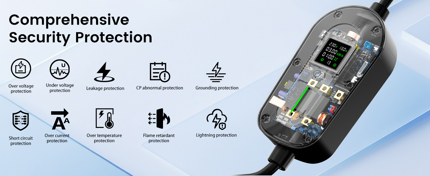 Electronic device with display showing comprehensive security protection features. Icons illustrate various protection types including data encryption, virus protection, and cloud backup.