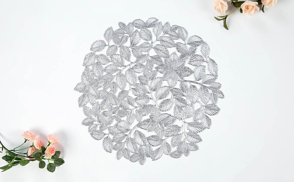 Crisjanggo Silver Placemats Set of 6 Round Leaf Placemats