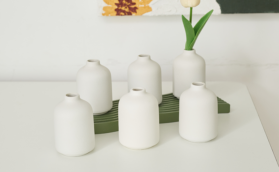 Small White Ceramic Vases Set 6 for Decor, Boho Bud Vases