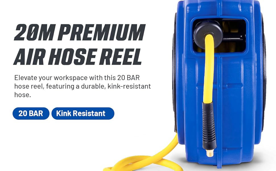 Text reads: '20M PREMIUM AIR HOSE REEL', 'Elevate your workspace with this 20 BAR hose reel, featuring a durable, kink-resistant hose.', '20 BAR', 'Kink Resistant'. Blue cylindrical hose reel with yellow hose visible.