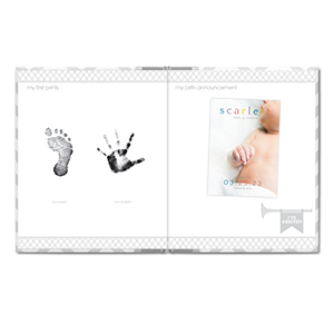 Journal spread for documenting babys handprint and footprint, as well as their birth announcement