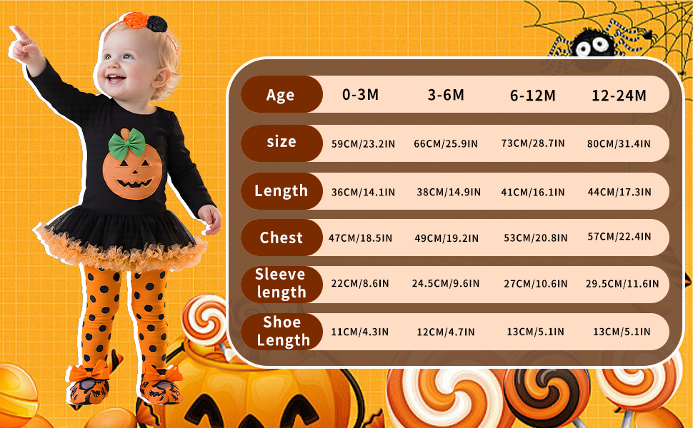 Orange-themed interface showing age and length classification tables with Halloween-themed decorative elements including pumpkins and spooky characters.