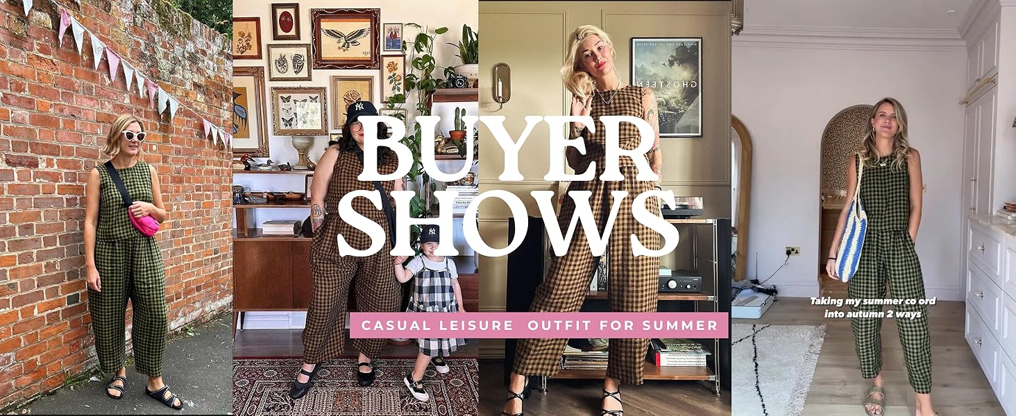 Composite image showcasing green checkered jumpsuit worn in three different settings: against brick wall, on sofa, and in doorway. 'Buyer Shows' text overlaid.