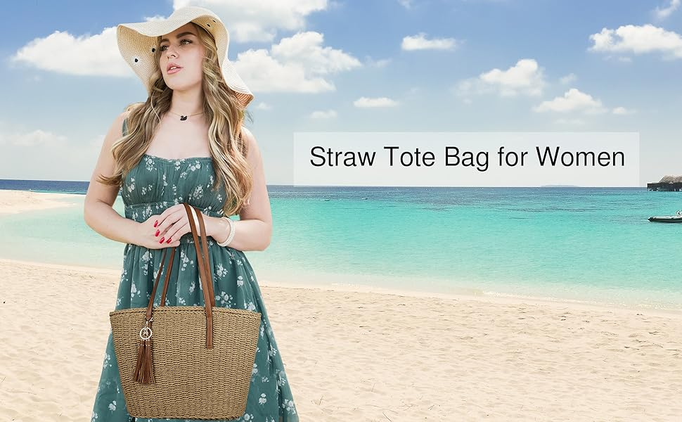 Womens Large Straw Tote Bag Handmade Woven Shoulder Handbag Summer Beach Purse with Tassel