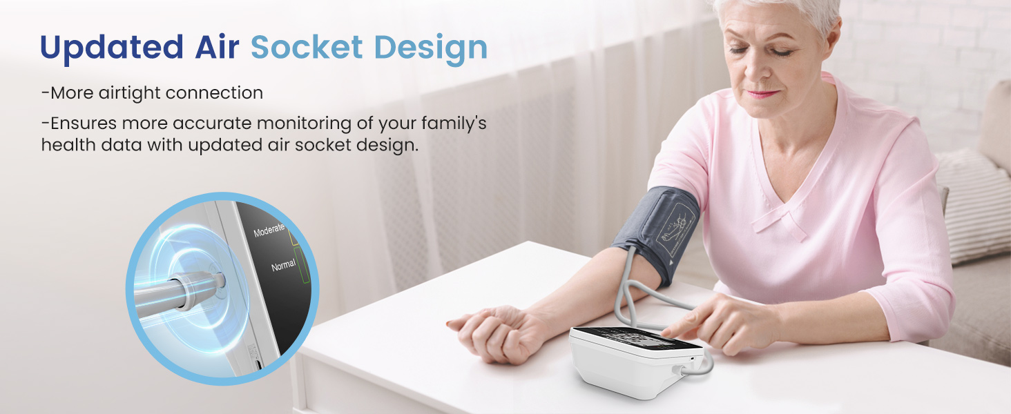 Blood pressure monitor with updated air socket design. Woman using the device on her arm, with a close-up of the air socket connection.