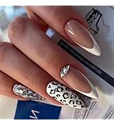 Press on Nails French Tips White with Drill Leopard Print Almond Fake Nails Nude Medium Length Fa...