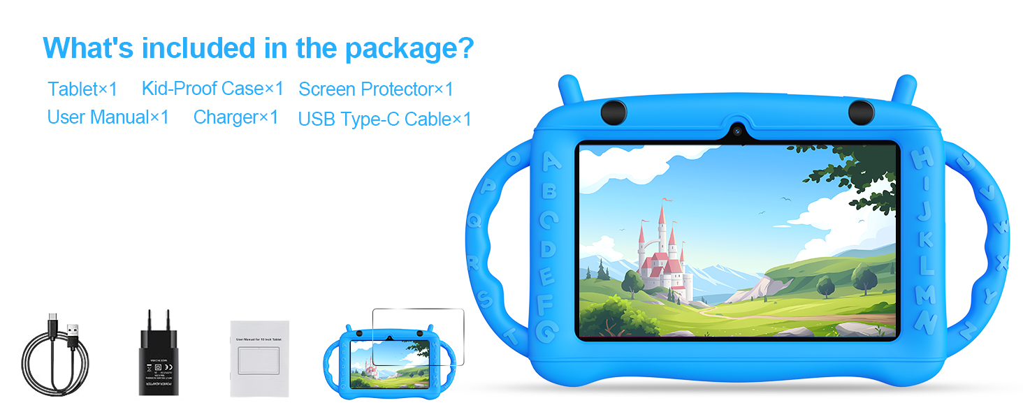 Blue protective tablet case with handle grips designed for children, shown with included accessories: charging cable, power adapter, and user manual.