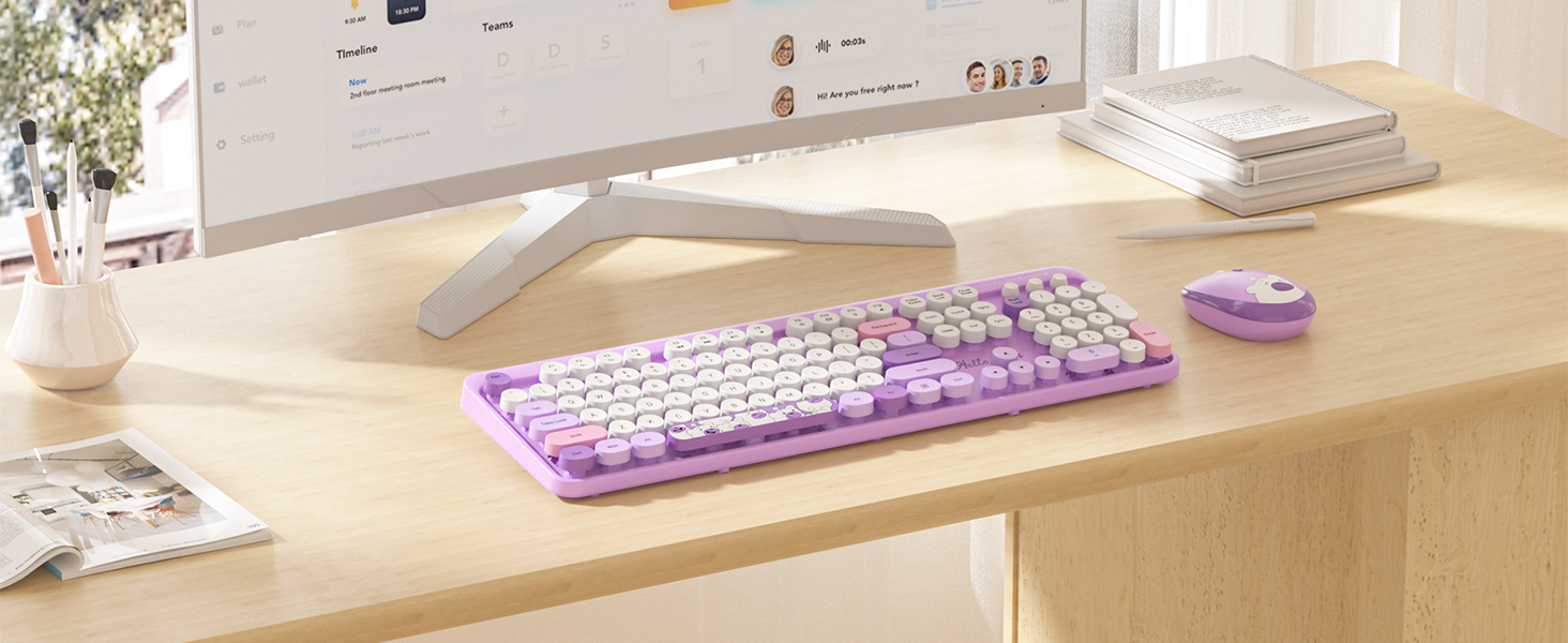Fogruaden Wireless Keyboard and Mouse Combo, Pink Retro
