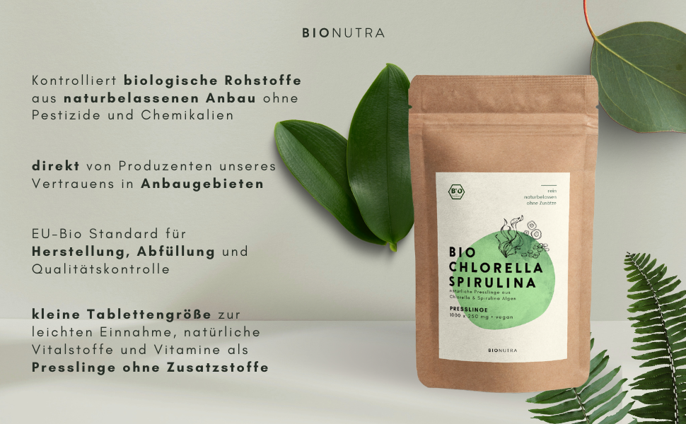 BIONUTRA® Chlorella Spirulina Pressings Organic 1000 x 250 mg Tablets