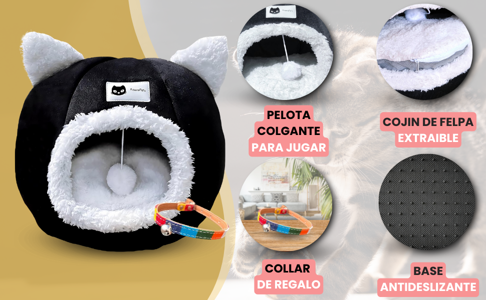 Présentoir de lits pour animaux de compagnie mettant en vedette des lits en forme de dôme en peluche noire et blanche avec doublure en sherpa, accompagnés d'accessoires comprenant un collier et une base antidérapante.