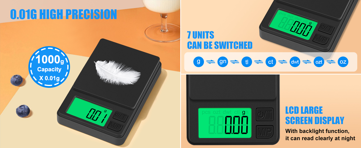 Digital precision scale with 0.01g accuracy and 1000g capacity. Features LCD display, 7 units, and backlight for nighttime use.
