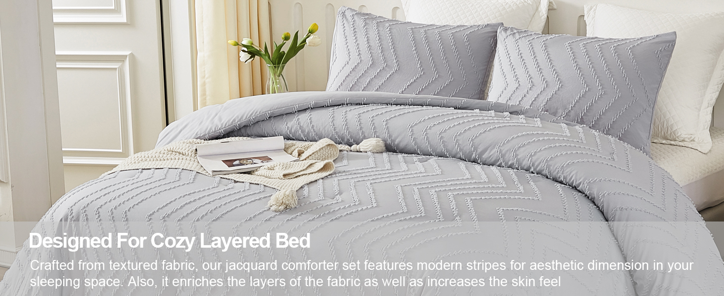 Litanika Light Grey Comforter Set Queen Size, 3 Pieces Boho