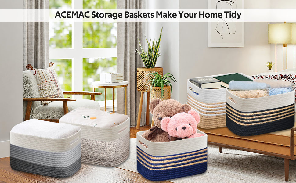 ACEMAC 3 Pack Cotton Rope Baskets for Organizing, Shelf