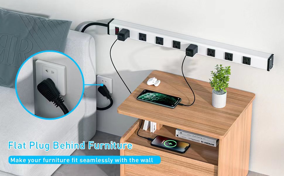 BERIGTTA Angled Flat Plug 8 Outlet Metal Power Strip, Wall