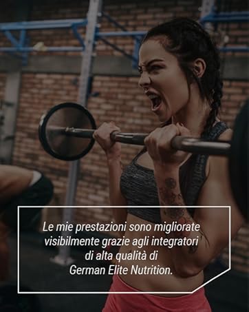 Il testo recita «German Life Nutrition». Fotogrammi multipli che mostrano persone in palestra o in palestra con attrezzi ginnici.