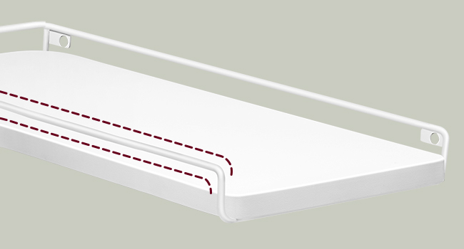White wall-mounted shelf with dotted line pattern along its length. Simple minimalist design with mounting brackets on ends.