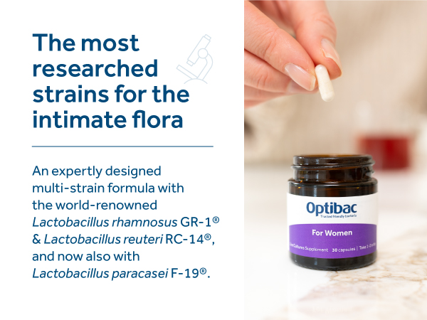 Purple product bottle labeled 'gutbioc' shown with text overlay about researched strains for intimate flora.