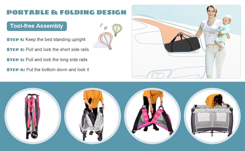 DREAMADE 3 In 1 Lettino Da Campeggio Per Bambini, Letto Pieghevole Con Fasciatoio, Giocattolo Appeso E Carillon, Culla Co-Sleeping Per Bambini Tra 0-36 Mesi (Pink) 15 04