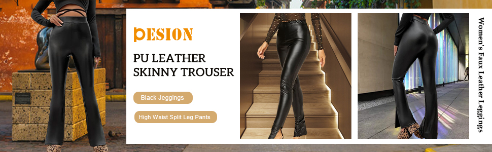 Women's Faux Leather Leggings PU Leather Skinny Trouser Black Jeggings High Waist Split Leg Pants