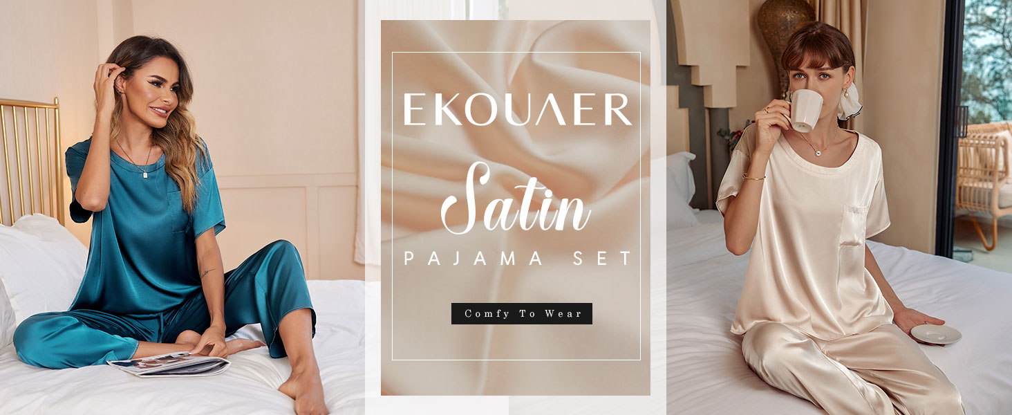 Ekouaer Womens Satin Silky Pajama Set Short Sleeve Shirt with Long Pajama Pant Set Soft PJ Loungewear, S-XXL 8