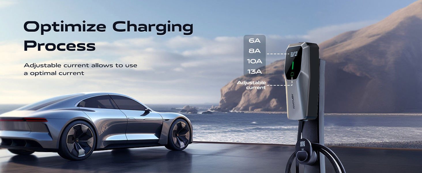Electric vehicle charging station with adjustable current options displayed. Sleek futuristic car in background near mountains. Text describes optimized charging process.