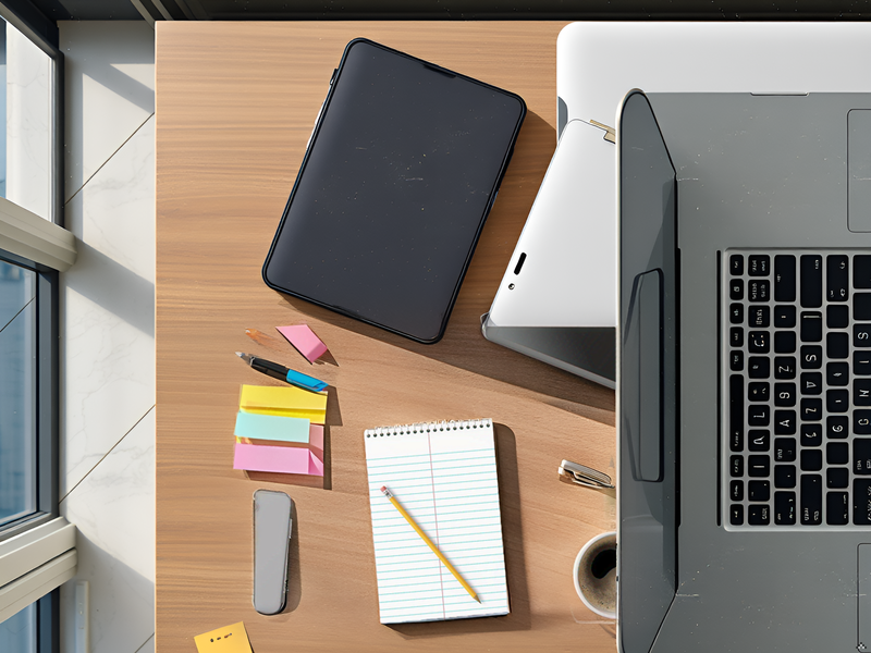 A wooden desk with a cup of coffee and a pen next to the product.