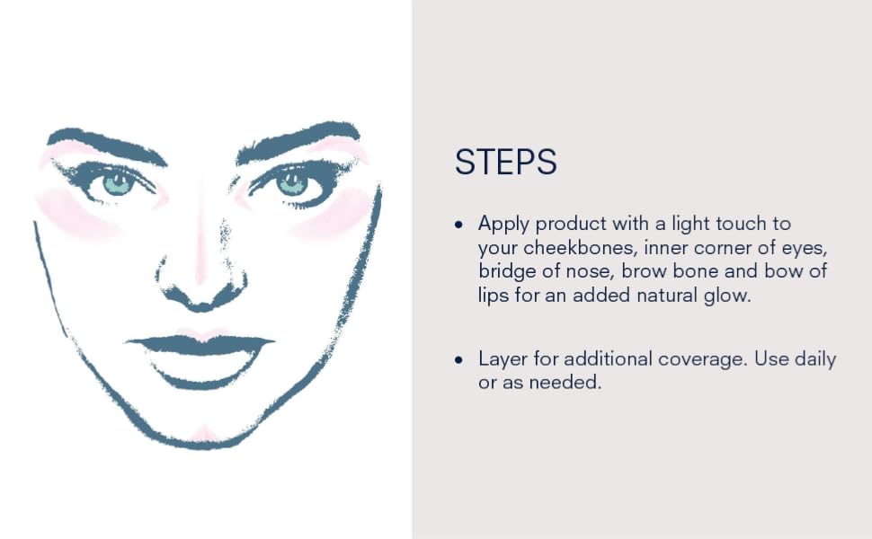 Steps: apply to your cheekbones, inner corner of eyes, bridge of nose, brow bone & bow of lips.