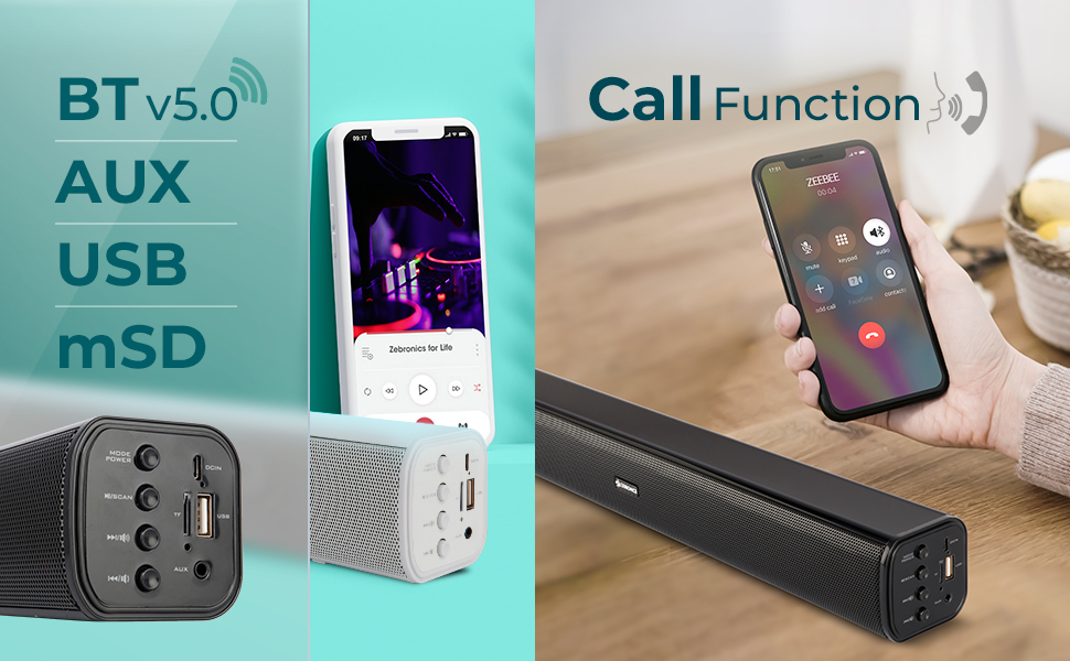 BT v5.0, AUX, USB, mSD, call function