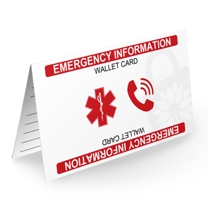 White Glossy Cardstock Exterior With Red Graphics Emergency Information Wallet Card