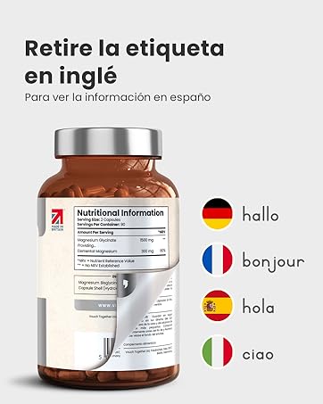 Flacon de supplément brun avec étiquette nutritionnelle, accompagné de salutations multilingues avec drapeaux et texte en allemand, français, espagnol et italien