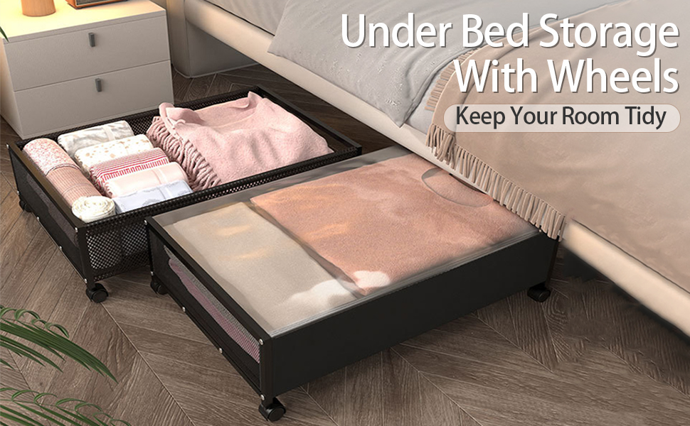 2 Pack Under Bed Storage with Wheels, Metal Under Bed Shoe Storage