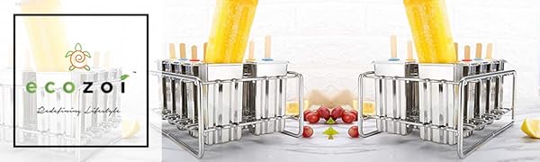 Stainless Steel Popsicle Molds and Rack Square Ice Pop Makers Reusable Bamboo Sticks