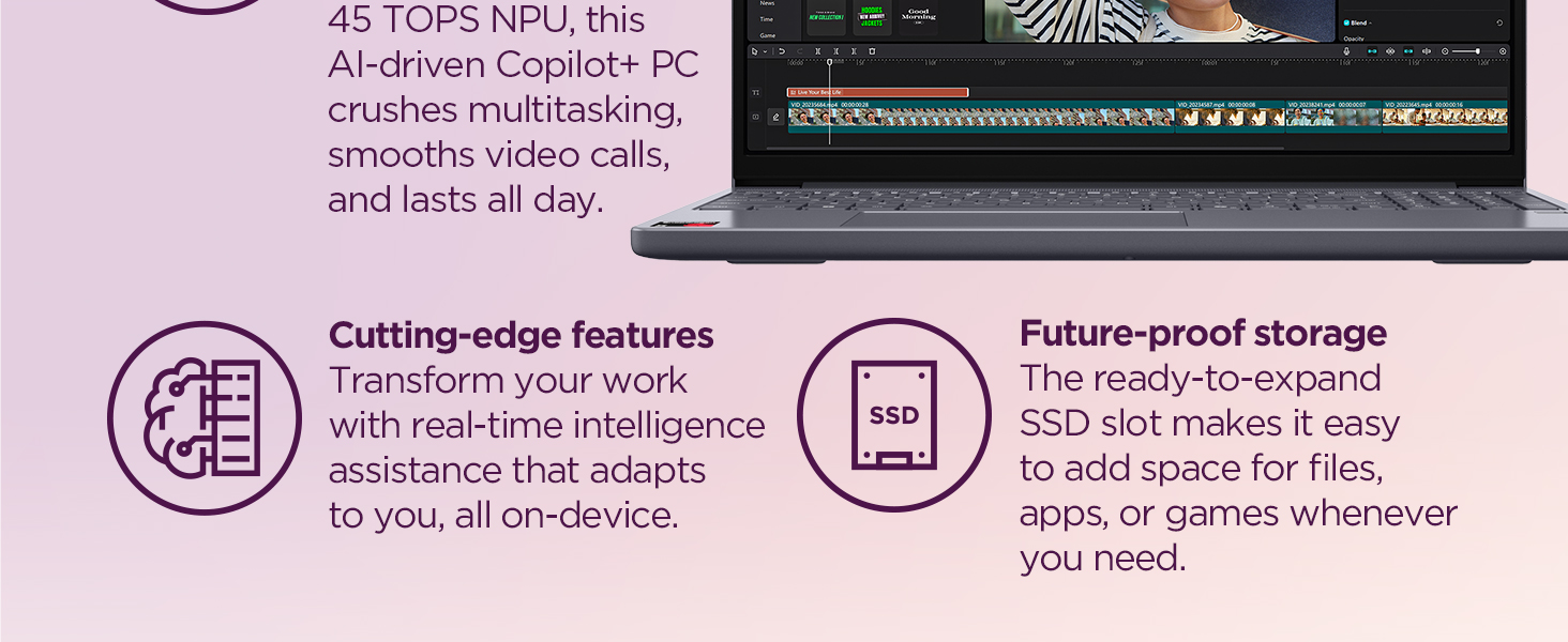 Real-time AI enhances work, expandable SSD adds storage.