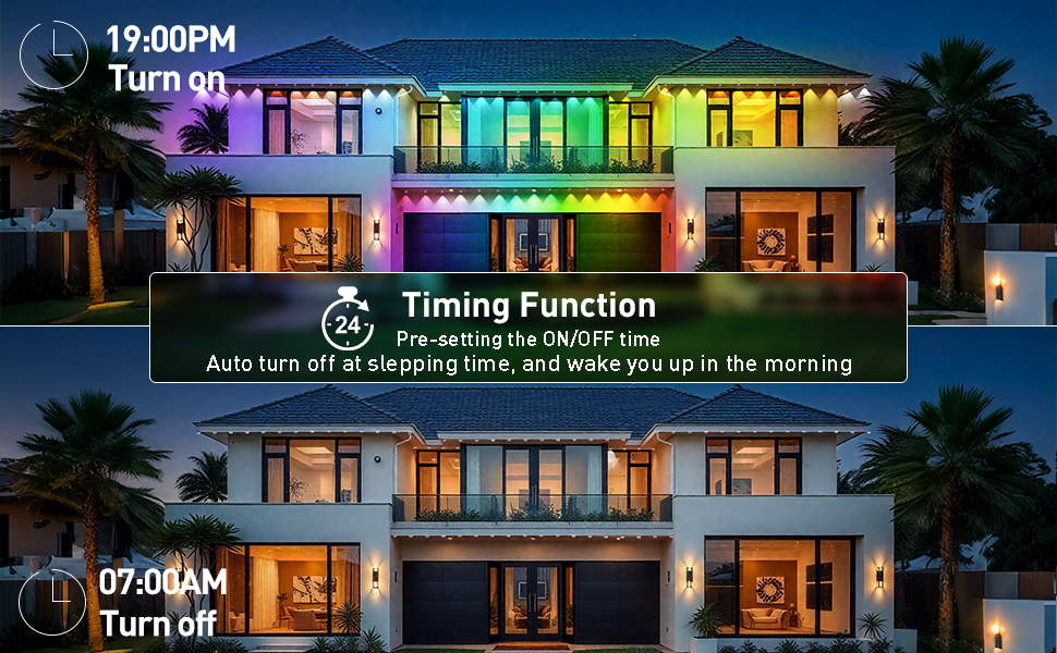 Text reads: 'Timing Function'. Exterior view of building with rainbow LED lighting display across facade, showing illumination control functionality.