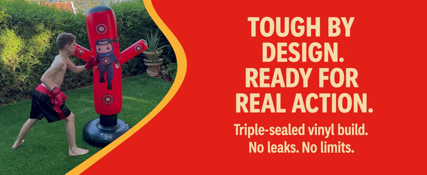 Girl kicking inflatable karate toy for kids age 4 to 10