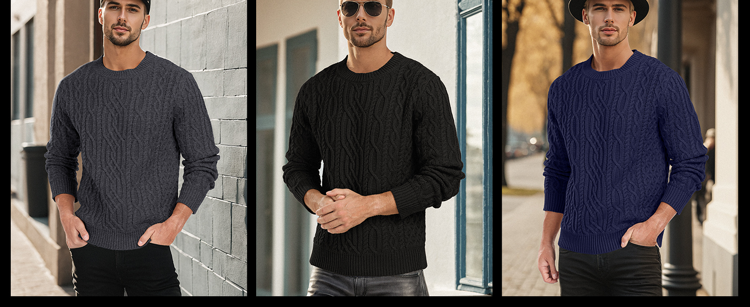 Three cable-knit sweaters displayed in charcoal gray, black, and navy blue colors, featuring crew necklines and ribbed cuffs.