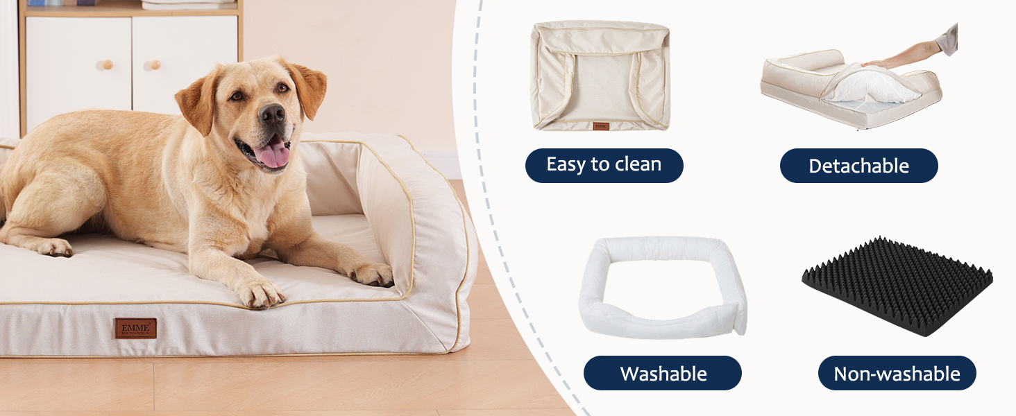 EMME Small Dog & Puppy Beds, Medium Washable - 68.6x50.8x17.8cm Waterproof Sofa, Orthopedic Egg-Shaped Foam, Removable Grey Linen Cover 20 UK