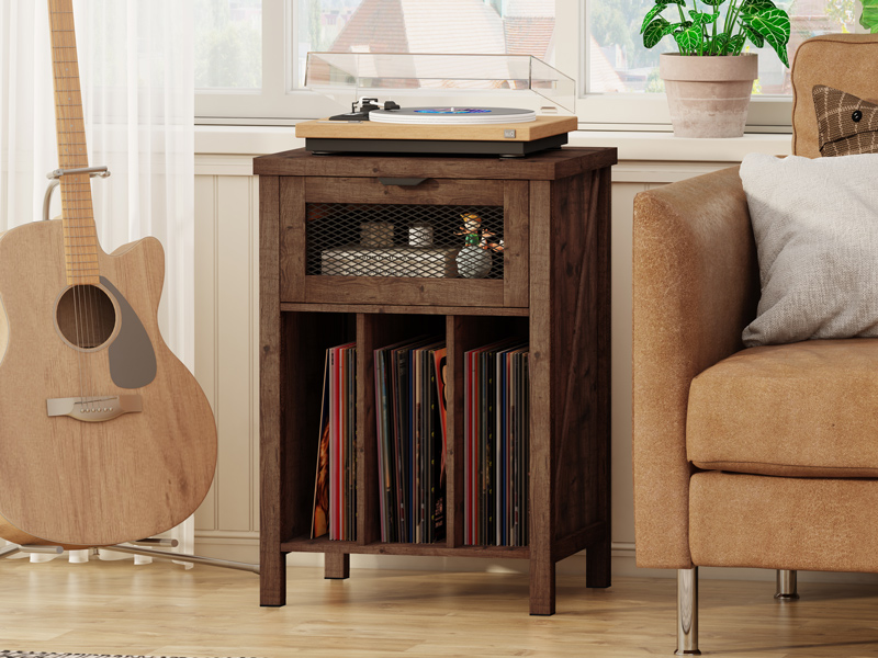 Rustic Oak Record Player Stand for Living Room