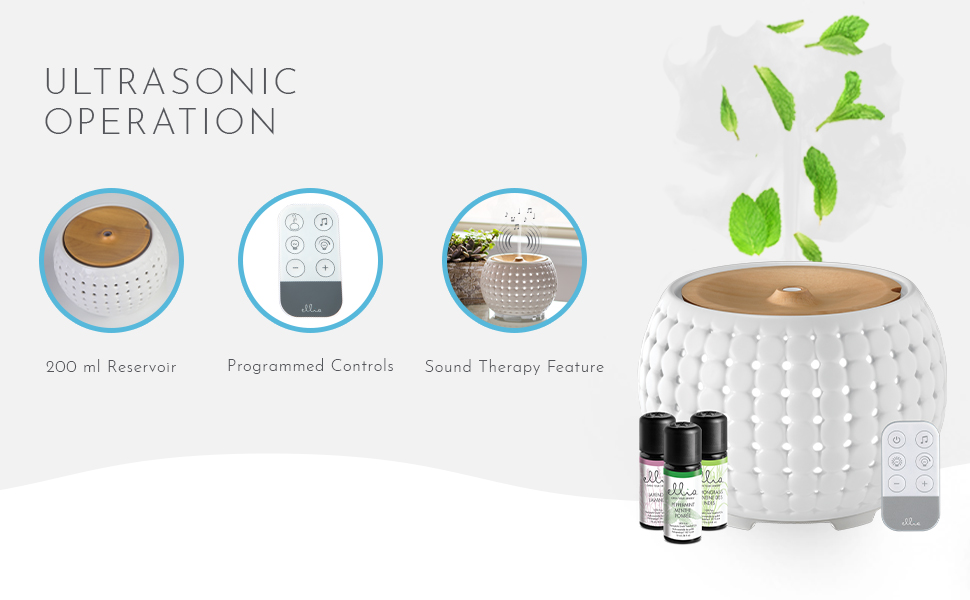 Ellia, Gather Ultrasonic Aroma Diffuser, White, Ceramic & Wood, 200mL