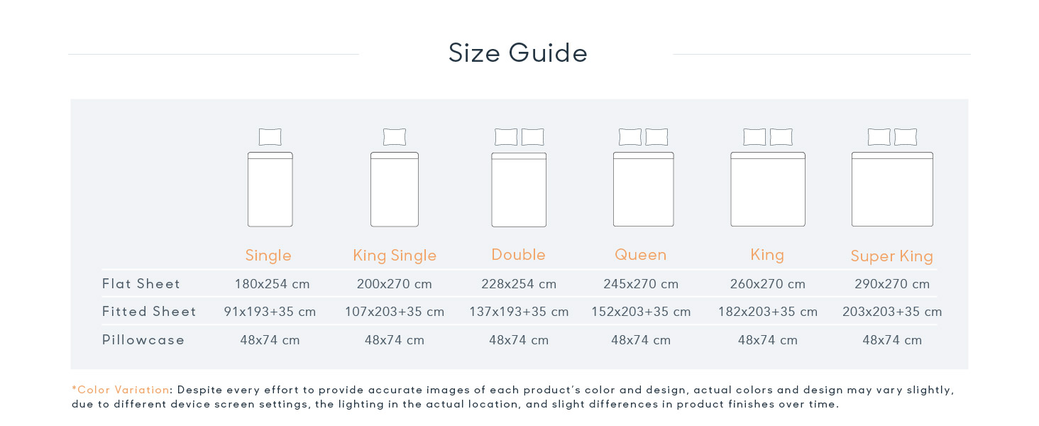 Size Guide, Single, King Single, Double, Queen, King, Super King