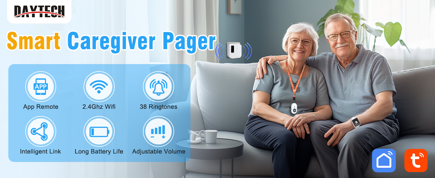 DAYTECH WiFi Smart Wrist Call Button, Wireless Panic Button Linked To Phone, Personal Alarm for Elderly, 1*Rechargable Wrist Button, 1*WIFI Receiver Supports Tuya 2.4GHz Wi-Fi 10 elderly alarm call button personal alarms for elderly panic alarm call bell pager