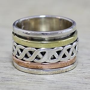 NOVICA Artisan Handmade .925 Sterling Silver Meditation Spinner Ring Copper Brass from India