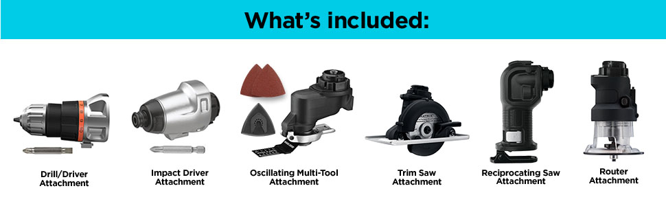 included drill/driver, impact driver, oscillating tool, trim saw, reciprocating saw, router