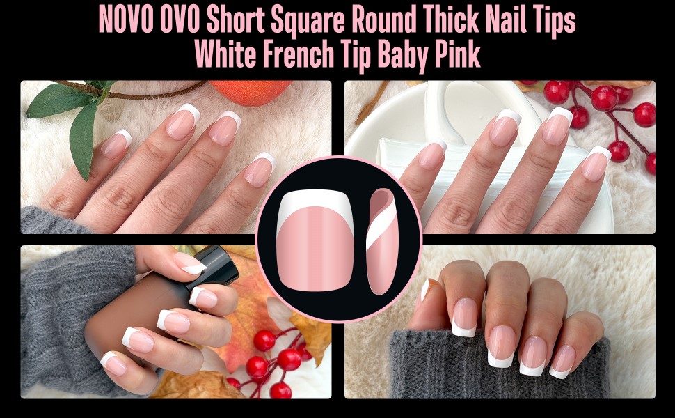 Short Square Round Thick Nail Tips White French Tip Baby Pink