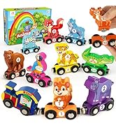 Vanmor Wooden Train Set with Animal Toys, Snap-Connection Animal Train, Matching and Magnetic Num...