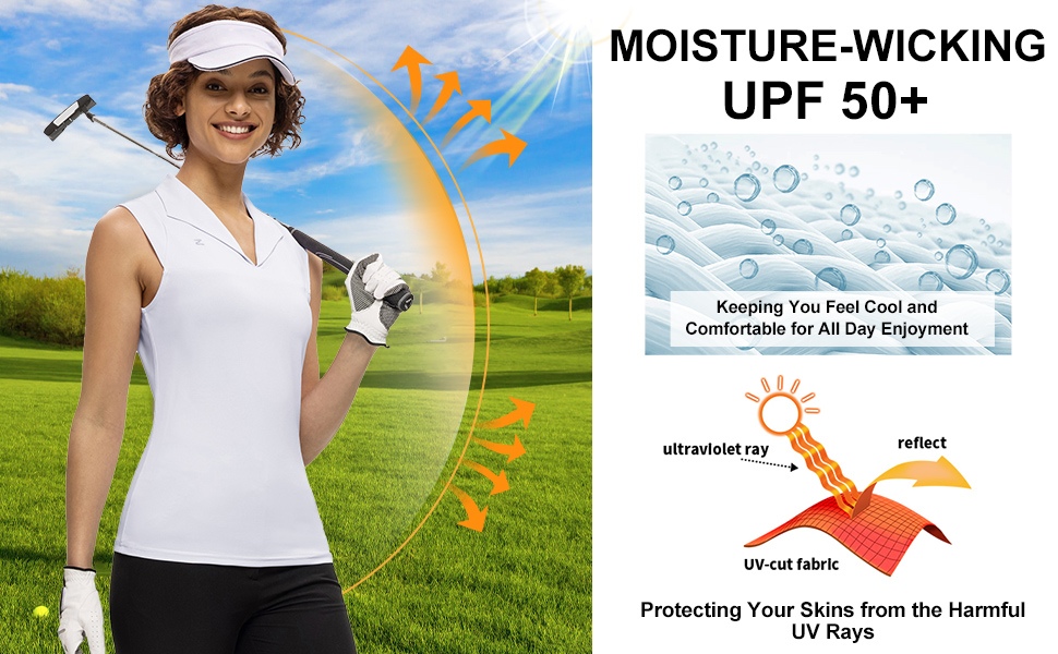 Women's Golf Tennis Shirts Quick Dry V Neck Sleeveless UV Sun Protection Ladies Polo Tops