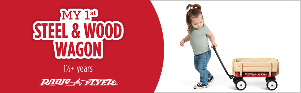 My 1st Steel & Wood Wagon. Girl pulling miniature wagon behind her