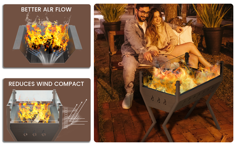Rectangular Fire Pit for Outside, Outdoor Wood Burning