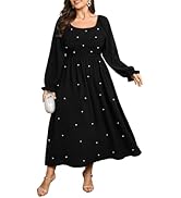 SCOMCHIC Women's Plus Size Maxi Dress Long Sleeve Pearl Square Neck Flowy A Line Wedding Guest Dr...