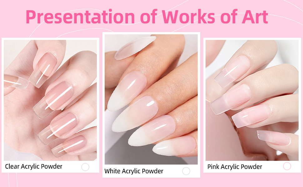 Three sets of manicured nails showcasing different acrylic powder finishes: clear, white, and pink. Each set displays long, pointed nails with a glossy appearance.